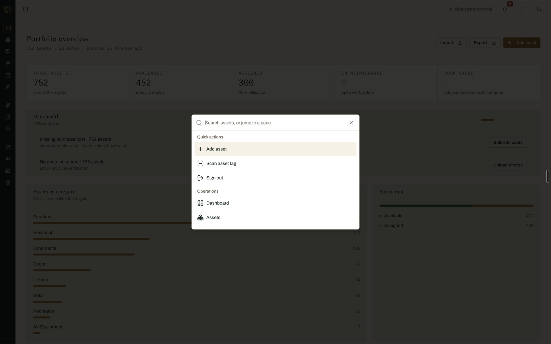 HoccaAsset Hub command palette showing quick actions for adding assets, scanning tags, signing out, and jumping pages.