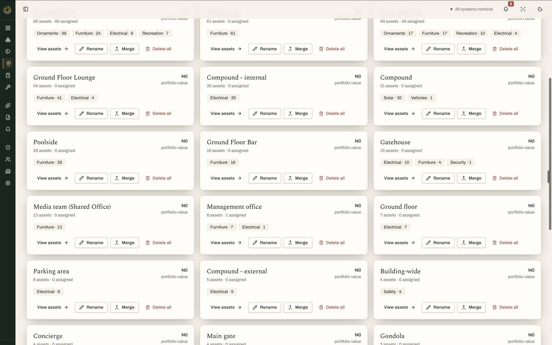 HoccaAsset Hub locations view showing location cards, category tags, and asset actions.