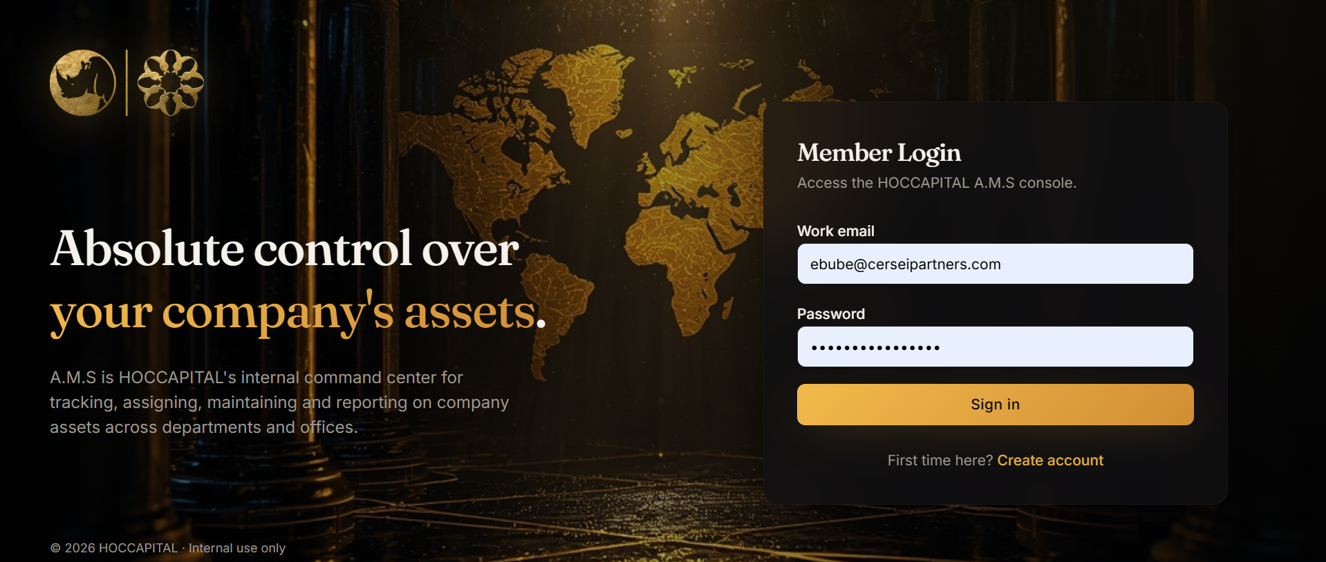HOCCAPITAL A.M.S member login interface.