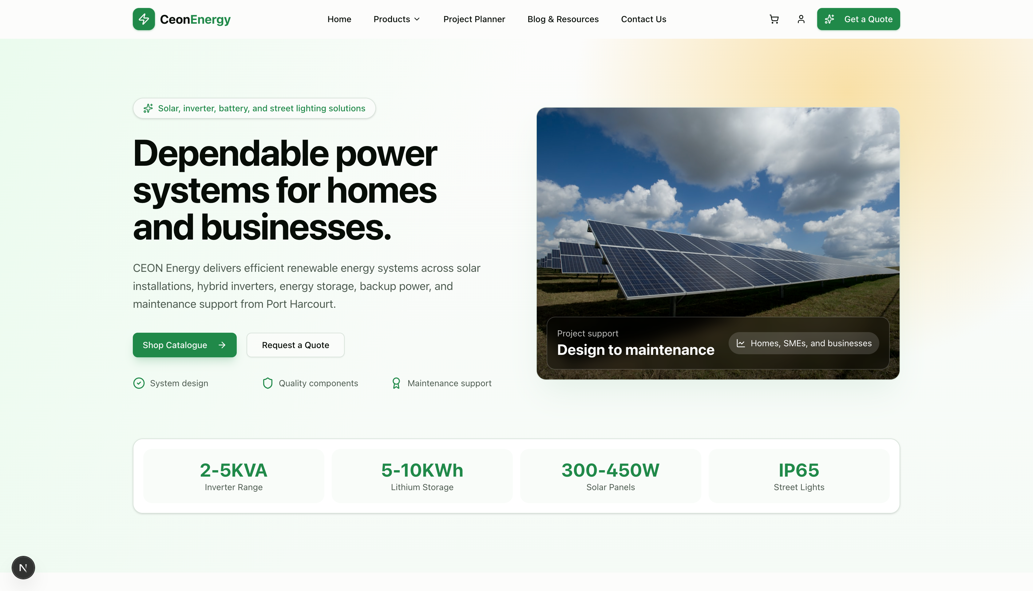 Ceon Energy homepage interface showing solar energy hero section.