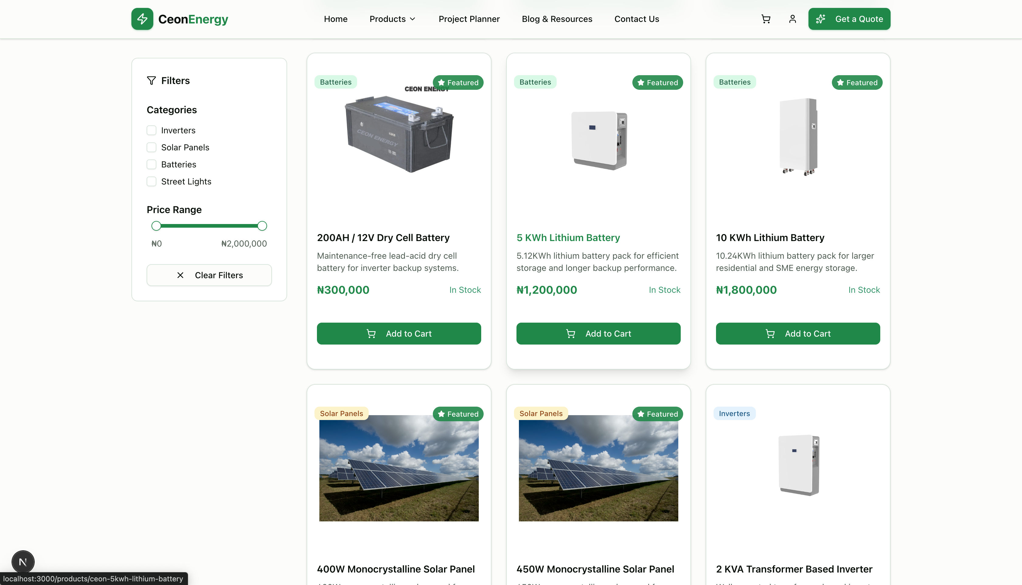 Ceon Energy product catalogue with filters and product cards.