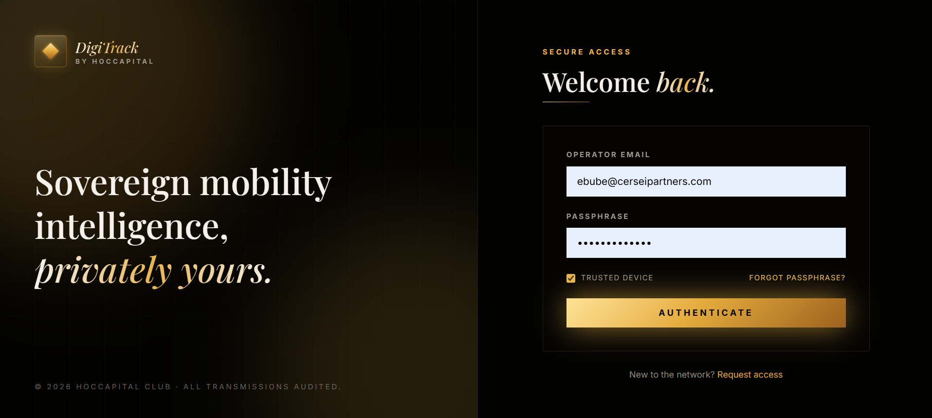 DigiTrack secure access login screen.